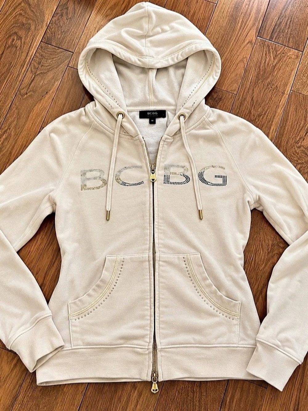 BCBGMAXAZRIA Embellished Zip Hoodie in Cream